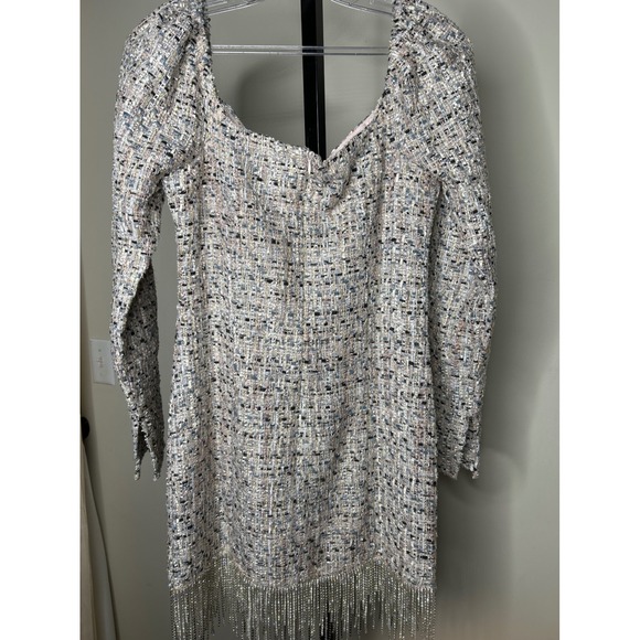 STORIA Tweed rhinestone‎ Fringe Dress- medium-Square Neck Long Sleeve Mini NWT - Picture 5 of 7